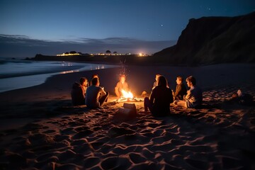 Night picnic with camp fire and friends sitting around at water sea beach. Generative AI - Powered by Adobe