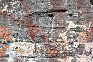 Red, White, Green, Pink, Paint, Mold, Wall Background. Old Grungy Brickwork Horizontal Texture. Brickwall Backdrop. Structure With Broken Stucco And Plaster.