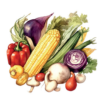 Vegetables watercolor in retro hand drawn style on white background. Summer element vector illustration.