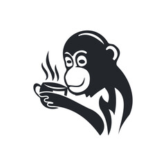 Monkey holding a coffee cup .Monkey silhouette Logo design vector template