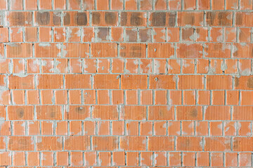 Red, White, Green, Pink, Paint, Mold, Wall Background. Old Grungy Brickwork Horizontal Texture. Brickwall Backdrop. Structure With Broken Stucco And Plaster.