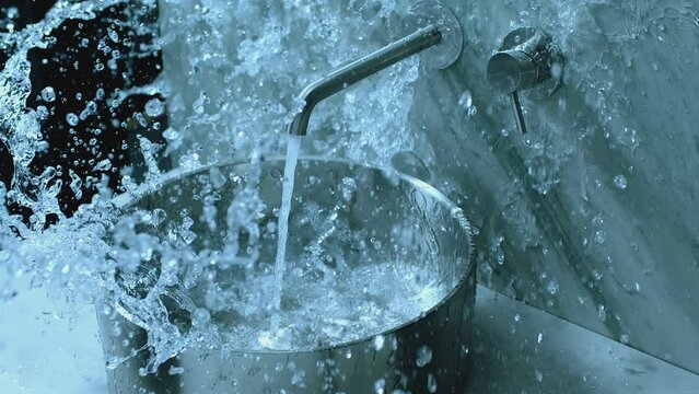 Pouring splashing of washing water in sink . Water pours from tap. Water stream going down the drain.  Clear, clean water flows from the tap. Footage for plumbing system service advertisement