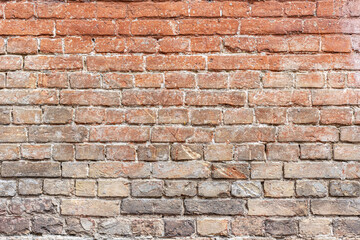 Obraz premium Red, White, Green, Pink, Paint, Mold, Wall Background. Old Grungy Brickwork Horizontal Texture. Brickwall Backdrop. Structure With Broken Stucco And Plaster.