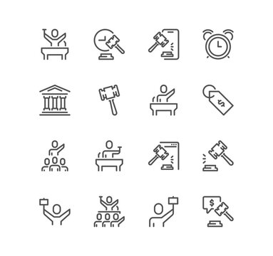 Set of auction related icons, price tag, deal, auctioneer, courthouse and linear variety vectors.
