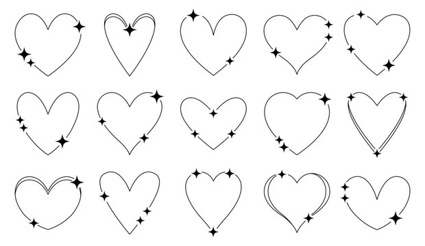Set of trendy minimalist aesthetic linear heart shape with stars. Arch frames for social media or poster design.