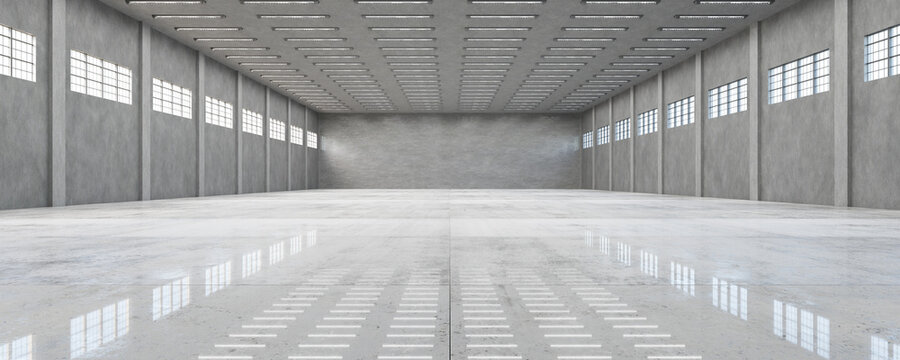 Manufacturing Plant Large Warehouse Polished Concrete Floor Industrial Product Display Space Industrial Background. Free Industrial Futuristic garage Building Modern Factory Production 3D rendering.