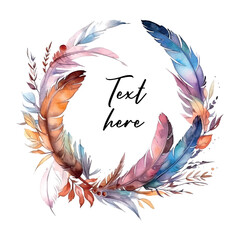 Retro rustic boho feathers frame watercolor for celebration design. Drawing style. Romantic poster. Floral poster, invite. © 1emonkey