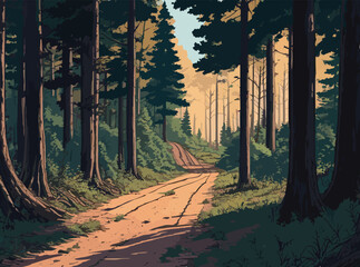 A painting of a road running through a forest flanked by rocks and trees. landscape forest.