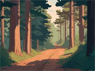A painting of a road running through a forest flanked by rocks and trees. landscape forest.