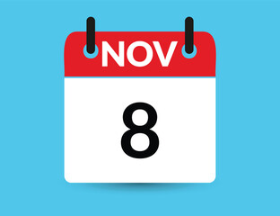 November 8. Flat icon calendar isolated on blue background. Date and month vector illustration