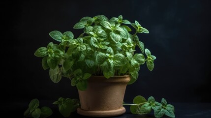 Fresh green oregano in a pot on a black background with smoke. Generative AI.