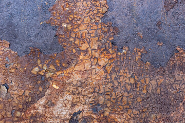 Aged copper plate texture with color patina stains. Old worn metal background. Oxidized metal. Corrosive Rust on old iron.