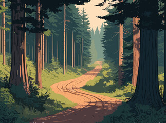 A painting of a road running through a forest flanked by rocks and trees. landscape forest.
