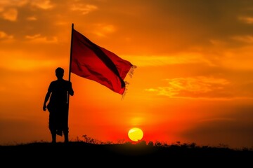 Man holding flag sunset. Generate Ai