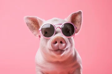 Fotobehang Pretty young pig wearing sunglasses isolated on solid pink background. Generative AI. © Bobboz