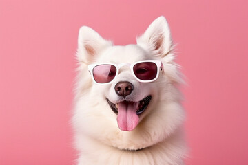 Cool white dog wearing sunglasses isolated on solid pink background. Generative AI.