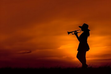 Woman trumpet sunset. Generate Ai