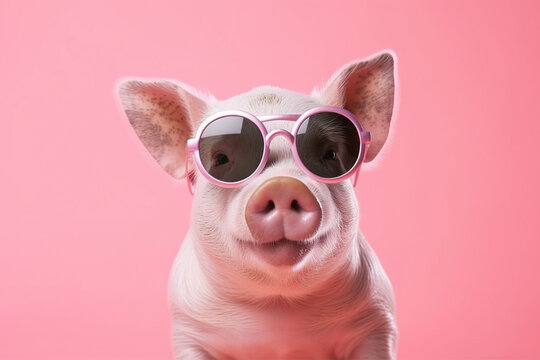 Pretty young pig wearing sunglasses isolated on solid pink background. Generative AI.