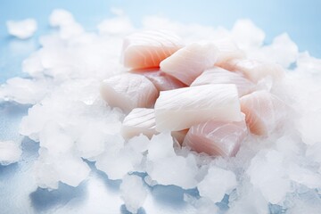 Pieces of white fish fillet on ice chips and cubes background. - obrazy, fototapety, plakaty