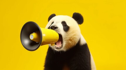 Panda shouting through megaphone isolated on yellow.Generative AI