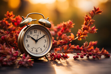 alarm clock under autumn deciduous tree. ai generative