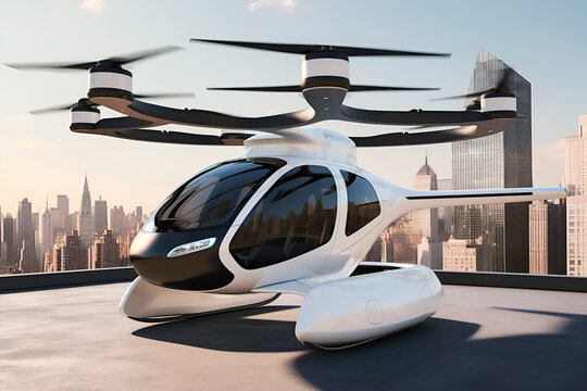 Generative AI. electric vertical takeoff vehicles.futuristic passenger transport. air taxi on roof of building. eco-friendly, sustainable concept. 