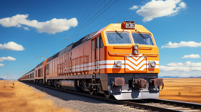 Freight train locomotive orange with cargo on a sunny day and blue sky. ai generative