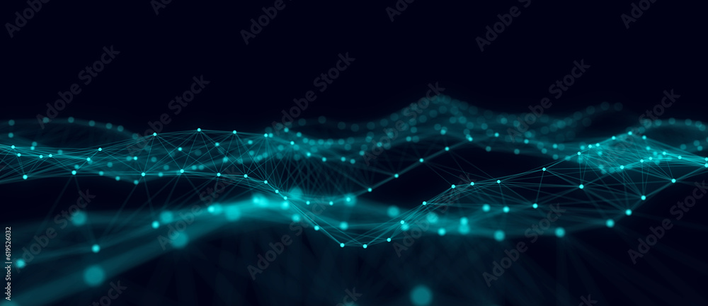 Poster Technology blue wave with lines. Big data visualization. Analytics representation. Digital background. 3d rendering.