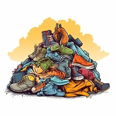 mountain of discarded clothes, textile waste, consumption problems and "fast fashion", Discarded things, pollution of the planet with synthetic products. Generative AI
