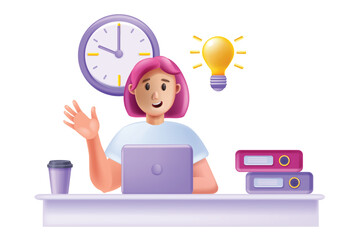 3D woman working laptop, vector home office concept, happy young smiling female character, table. Cartoon freelancer student online education, creative idea bulb, folder. Cute woman using laptop