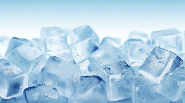 Ice cubes on blue background. Shallow depth of field. Concept of cold drinks.
Concept of ice cubes pile mockup.