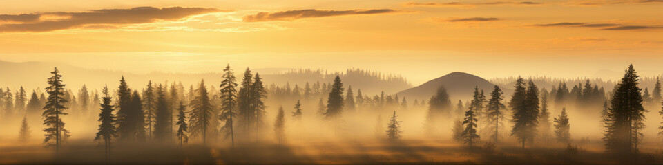 nature banner of panoramic misty morning landscape with mountains, forest and trees at sunrise