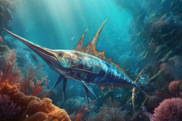 Swordfish underwater reef. Generate Ai