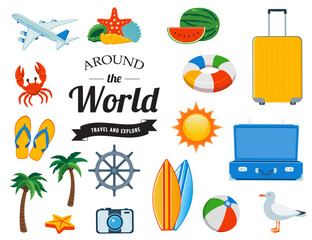 Travel icons in colorful cartoon style. Vector