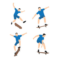The set of skateboarder. Man doing skateboarding exercise. Flat vector illustration isolated on white background