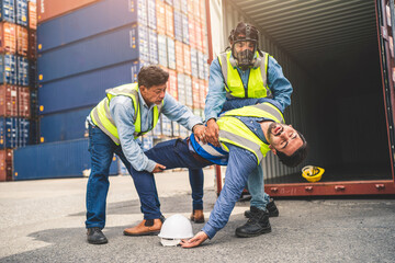 Engineer wear PPE urgently assisted the male technique inside container as Chemical spill in the container shipping industry