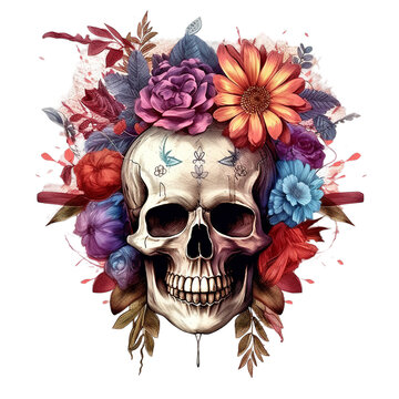 Dia de Los Muertos (Isolated PNG cut out of a Day of the dead), with sugar skull isolated on white, generative ai