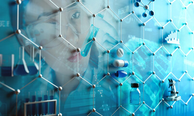 Scientist analysing a test tube behind a 3D hexagonal grid with pills and chemical glassware models.  - 619527078
