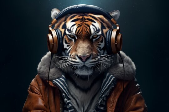 Tiger headphones music. Generate Ai