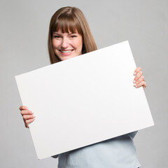 Happy woman with an empty advertising board ready for lettering