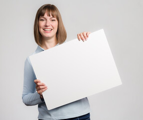 Young happy woman with an empty advertising board ready for lettering in her hands