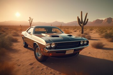 Fototapeta na wymiar Vintage car sunset. Generate Ai