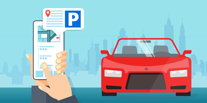 Concetto di app mobile per il parcheggio in citt&agrave; intelligente. Illustrazione della tecnologia del traffico urbano. - illustrazioni