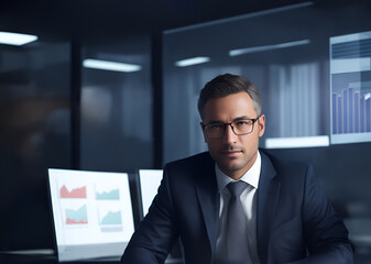 Portrait of a businessman in office. Financial charts in his computer
