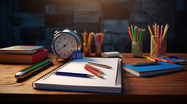 Office table with notepad, pencils and other supplies