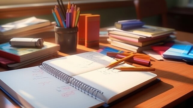 Office table with notepad, pencils and other supplies