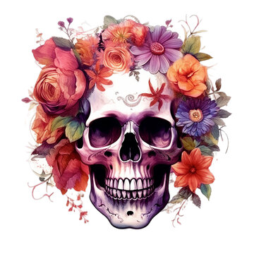 Dia de Los Muertos (Isolated PNG cut out of a Day of the dead), with sugar skull isolated on white, generative ai