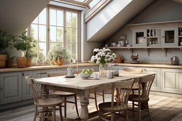 Fototapeta na wymiar Scandinavian vintage kitchen with dining table, Dining Room and Kitchen Luxury Home.