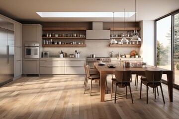 Modern kitchen, Stylish interior of modern kitchen with dining table..