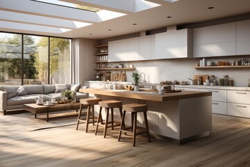 Modern kitchen with wooden dining table on parquet floor in luxury,  chair, cabinet.